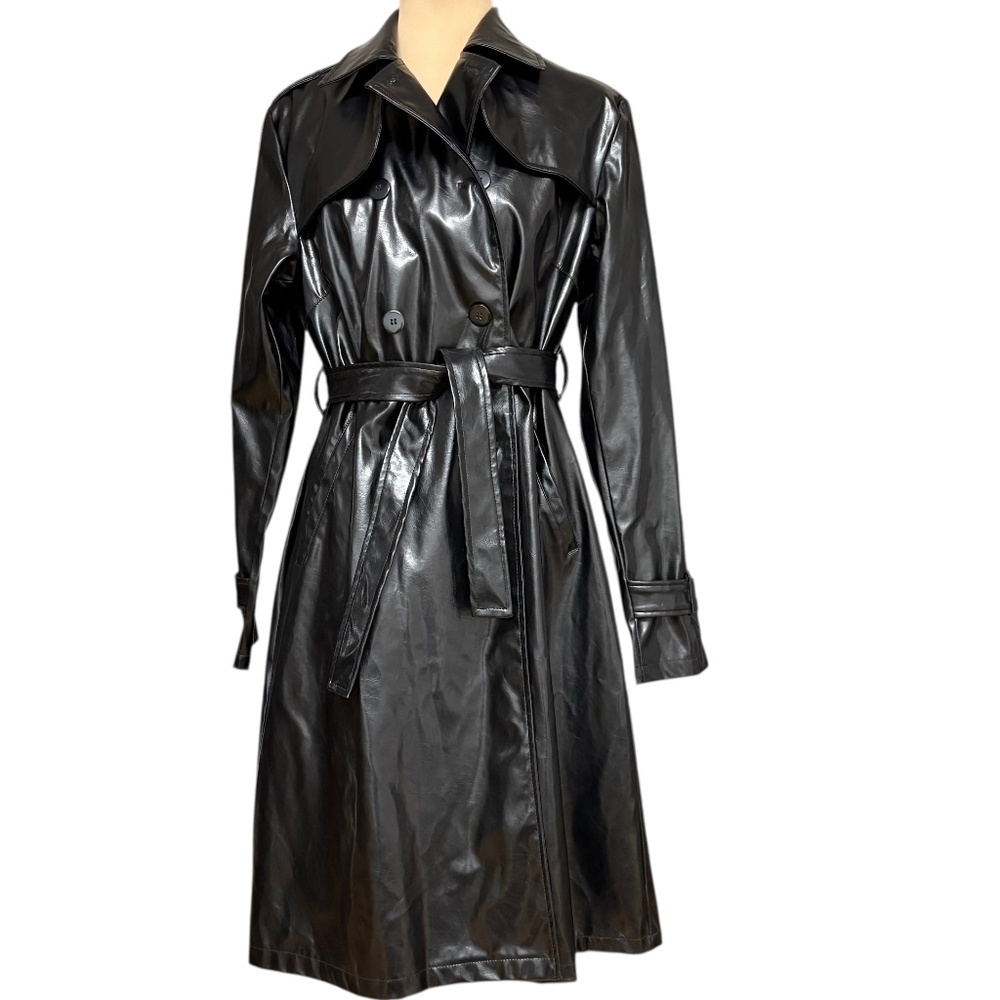 coat RAVE4REAL M black pleather poly classic trench pockets vintage